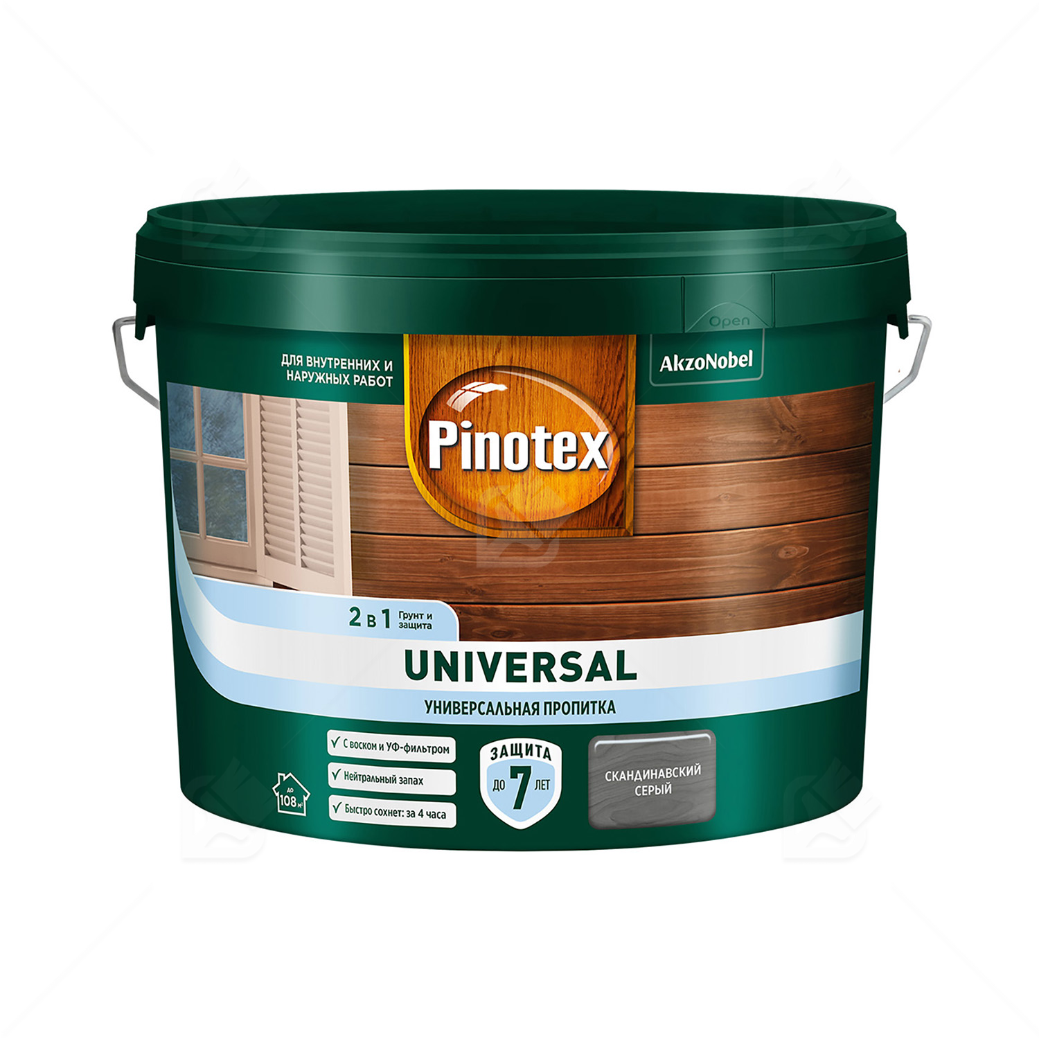 Pinotex Universal 2 в 1 универсальная пропитка для древесины Скандинавский серый 9 л