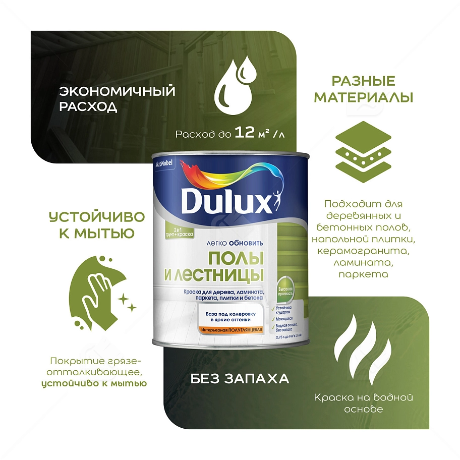 Краска для напольных покрытий водно-дисперсионная Dulux Полы и лестницы полуглянцевая база BC 0,75 л.